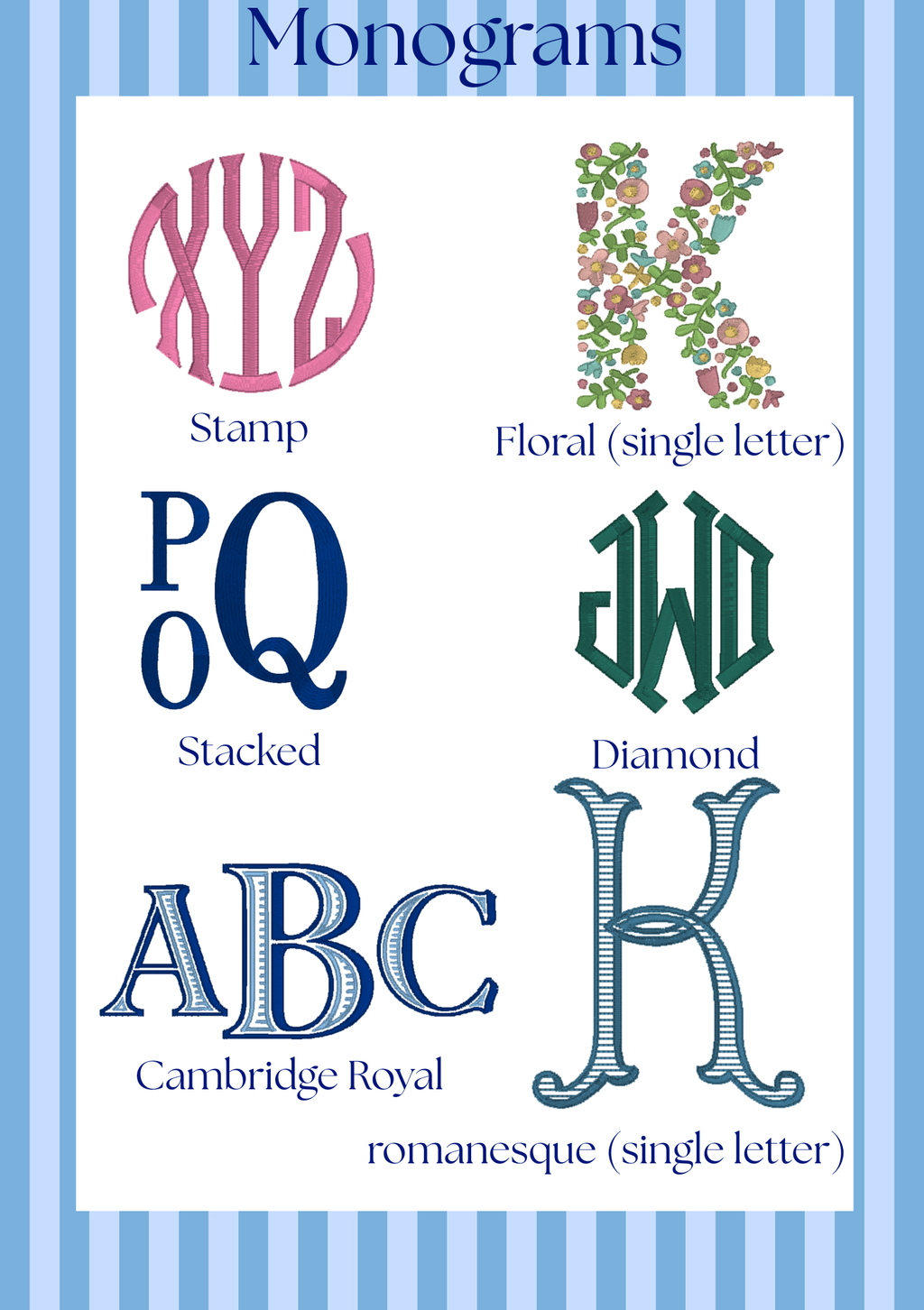 blue picot trim bib with monogram