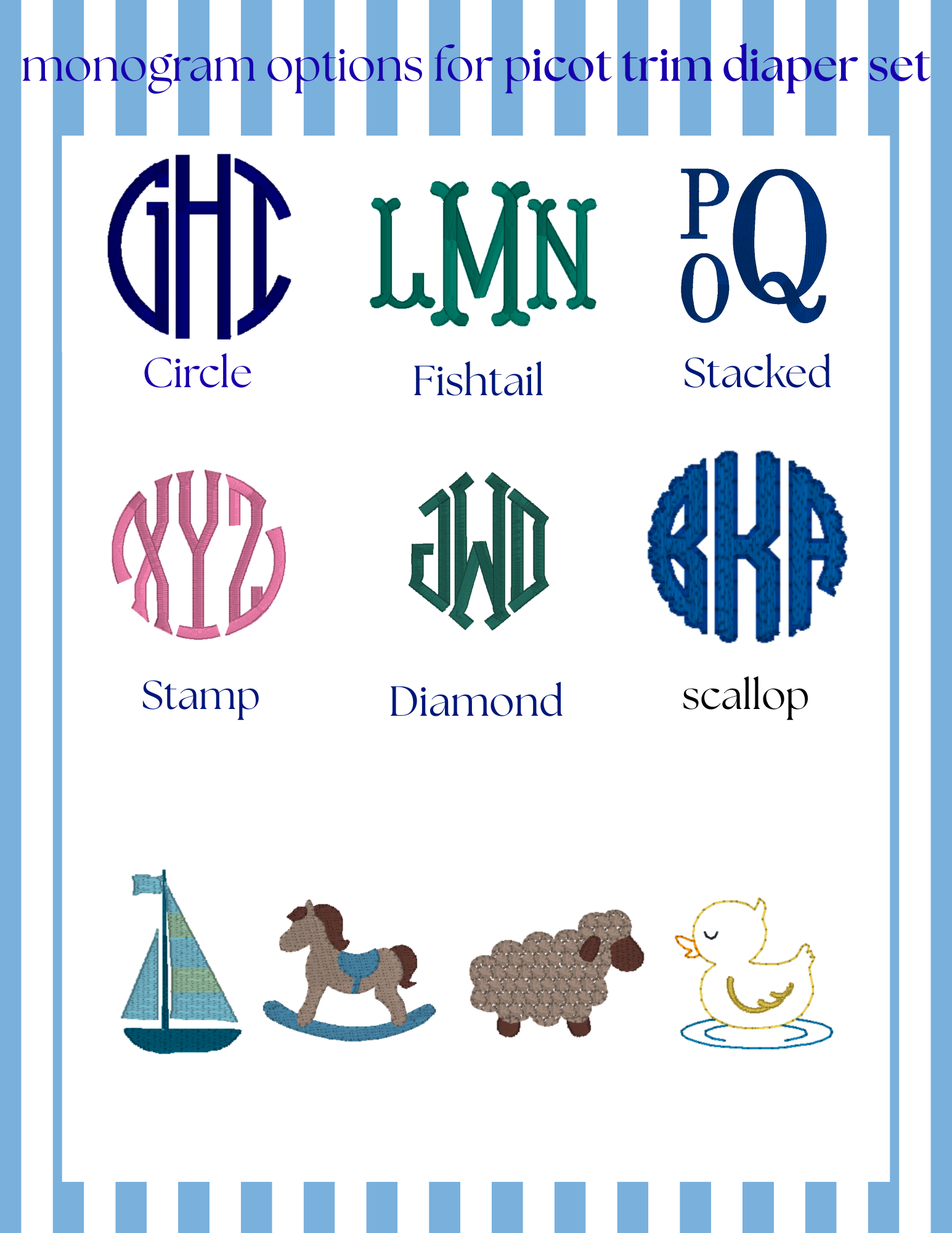 Blue picot trim diaper set with monogram