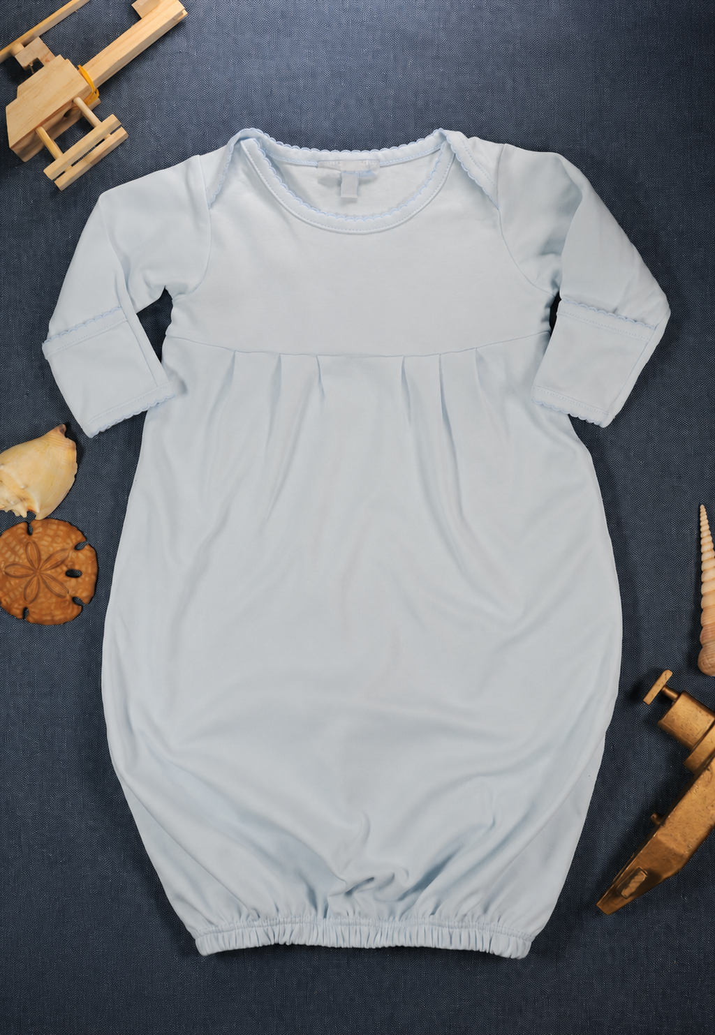 Blue gown with picot trim with monogram