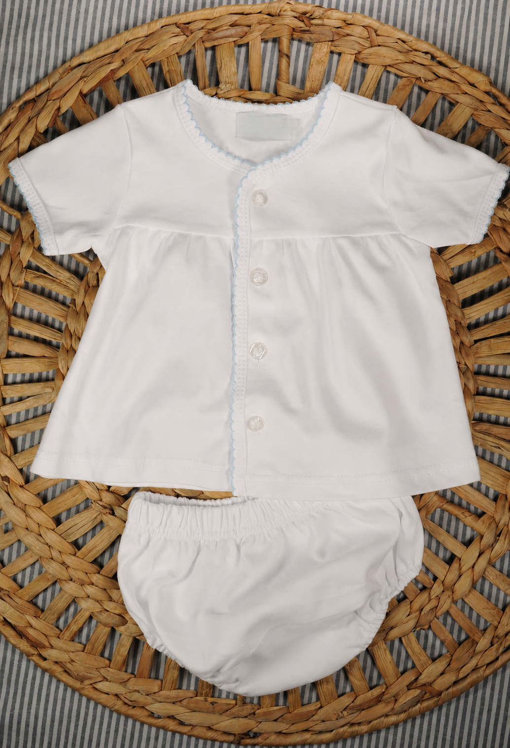 Blue picot trim diaper set with monogram