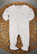 Blue picot trim footie with monogram